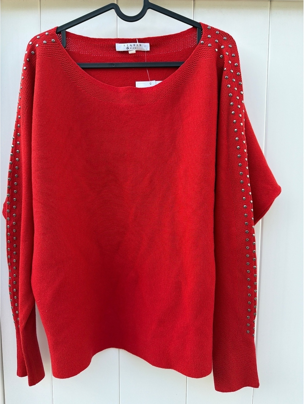 Liquid by Siomi Women's Size XL Red Studded Sleeve Boat Neck Knit Sweater NWT